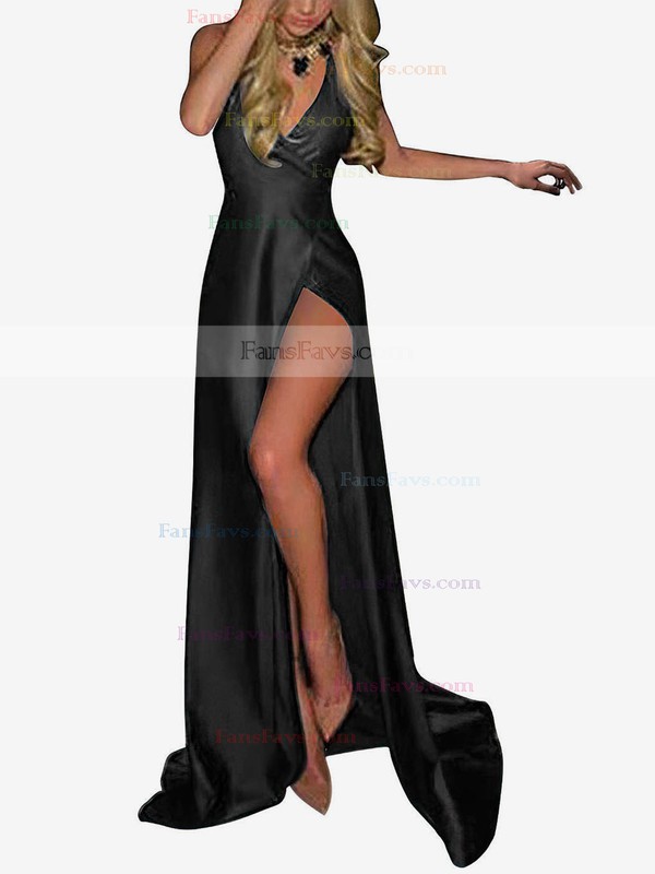 Sheath/Column V-neck Jersey Sweep Train Split Front Prom Dresses #Favs020103559