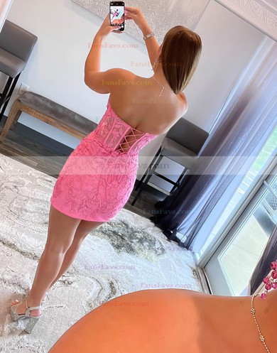 Sheath/Column Strapless Lace Short/Mini Homecoming Dresses With Appliques Lace #Favs020108969