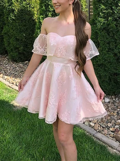 A-line Off-the-shoulder Lace Short/Mini Homecoming Dresses #Favs020109425