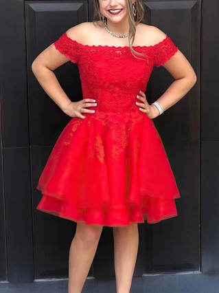 A-line Off-the-shoulder Lace Tulle Knee-length Homecoming Dresses With Appliques Lace #Favs020109426 A-line Off-the-shoulder Lace Tulle Knee-length Homecoming Dresses With Appliques Lace #Favs020109426