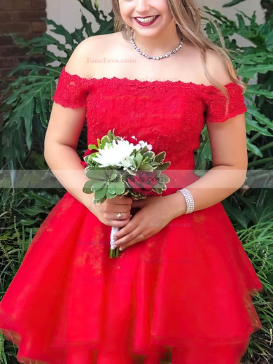 A-line Off-the-shoulder Lace Tulle Knee-length Homecoming Dresses With Appliques Lace #Favs020109426