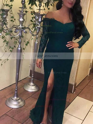 Sheath/Column Off-the-shoulder Lace Sweep Train Appliques Lace Prom Dresses #Favs020104891