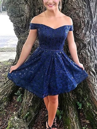 A-line Off-the-shoulder Lace Short/Mini Homecoming Dresses With Sashes / Ribbons #Favs020109427