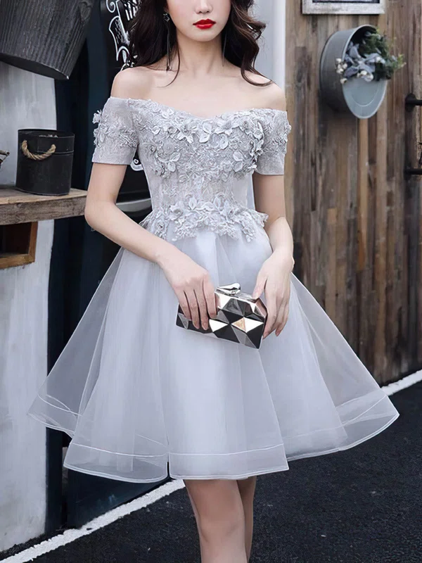A-line Off-the-shoulder Lace Tulle Short/Mini Homecoming Dresses With Appliques Lace #Favs020109428
