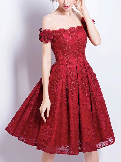 A-line Off-the-shoulder Lace Knee-length Homecoming Dresses With Appliques Lace #Favs020109429