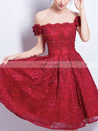 A-line Off-the-shoulder Lace Knee-length Homecoming Dresses With Appliques Lace #Favs020109429