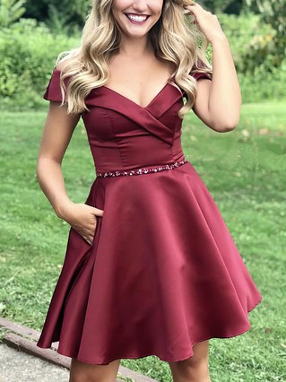 A-line V-neck Satin Short/Mini Homecoming Dresses With Pockets #Favs020109170