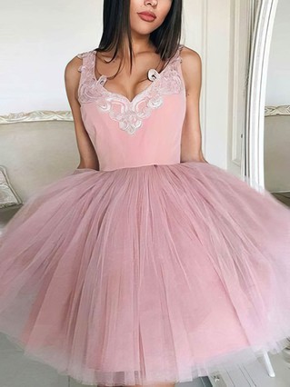 A-line V-neck Tulle Short/Mini Homecoming Dresses With Lace Appliques Lace #Favs020109171 A-line V-neck Tulle Short/Mini Homecoming Dresses With Lace Appliques Lace #Favs020109171