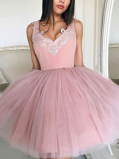A-line V-neck Tulle Short/Mini Homecoming Dresses With Lace Appliques Lace #Favs020109171