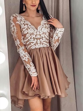 A-line V-neck Chiffon Short/Mini Homecoming Dresses With Appliques Lace #Favs020109431 A-line V-neck Chiffon Short/Mini Homecoming Dresses With Appliques Lace #Favs020109431
