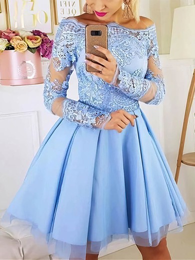 A-line Off-the-shoulder Satin Tulle Short/Mini Homecoming Dresses With Appliques Lace #Favs020109432
