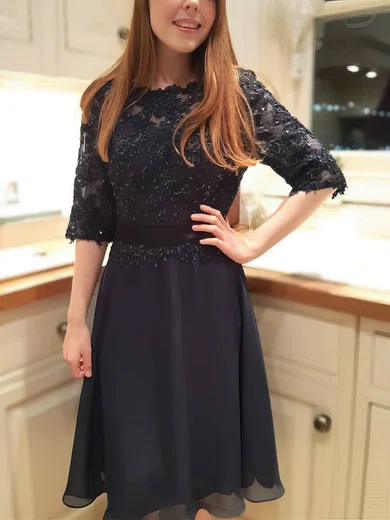 A-line Scoop Neck Chiffon Knee-length Homecoming Dresses With Beading Appliques Lace #Favs020109433