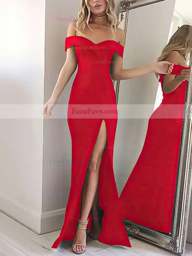 Sheath/Column Off-the-shoulder Silk-like Satin Floor-length Split Front Prom Dresses #Favs020104897