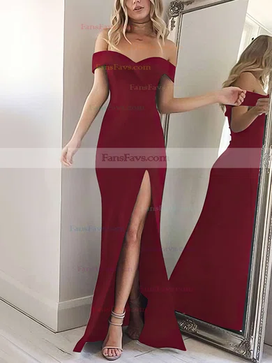 Sheath/Column Off-the-shoulder Silk-like Satin Floor-length Split Front Prom Dresses #Favs020104897