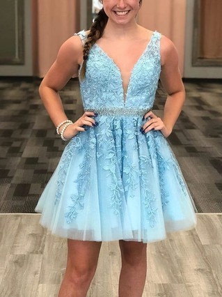 A-line V-neck Tulle Short/Mini Homecoming Dresses With Beading Appliques Lace #Favs020109434 A-line V-neck Tulle Short/Mini Homecoming Dresses With Beading Appliques Lace #Favs020109434