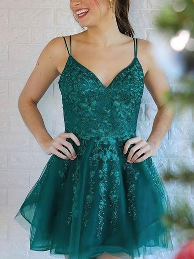 A-line V-neck Tulle Short/Mini Homecoming Dresses With Appliques Lace #Favs020109436