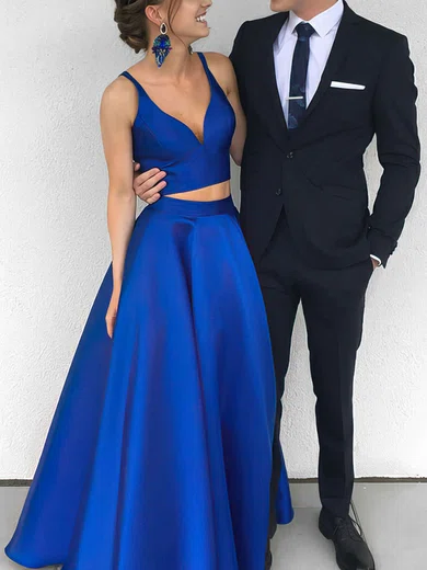 Satin V-neck Princess Floor-length Prom Dresses #Favs020104903