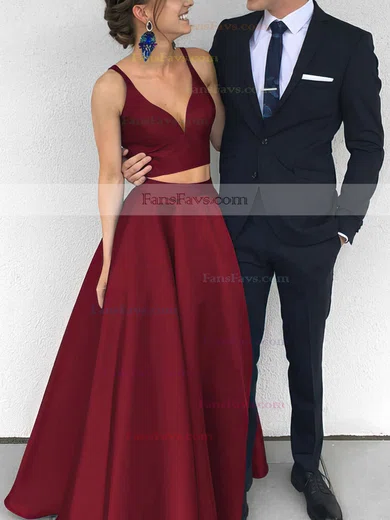 Satin V-neck Princess Floor-length Prom Dresses #Favs020104903