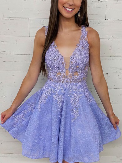 A-line V-neck Lace Short/Mini Homecoming Dresses With Appliques Lace #Favs020109437