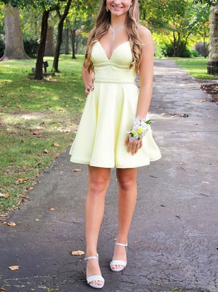 A-line V-neck Silk-like Satin Short/Mini Homecoming Dresses With Beading Sashes / Ribbons #Favs020108984