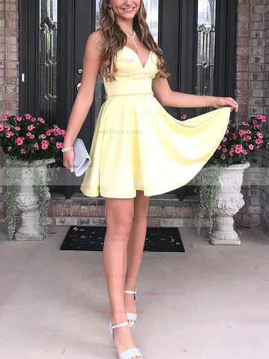 A-line V-neck Silk-like Satin Short/Mini Homecoming Dresses With Beading Sashes / Ribbons #Favs020108984
