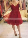 A-line V-neck Tulle Short/Mini Homecoming Dresses With Appliques Lace Pearl Detailing #Favs020109439