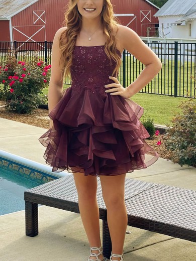 A-line Strapless Organza Short/Mini Homecoming Dresses With Appliques Lace Cascading Ruffles #Favs020108985