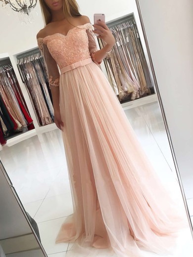 A-line Off-the-shoulder Tulle Floor-length Appliques Lace Prom Dresses #Favs020104905