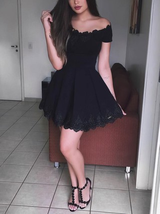 A-line Off-the-shoulder Stretch Crepe Short/Mini Homecoming Dresses With Appliques Lace #Favs020109442