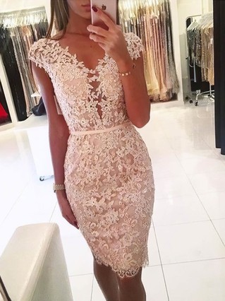 Sheath/Column V-neck Lace Tulle Knee-length Homecoming Dresses With Appliques Lace #Favs020108988 Sheath/Column V-neck Lace Tulle Knee-length Homecoming Dresses With Appliques Lace #Favs020108988