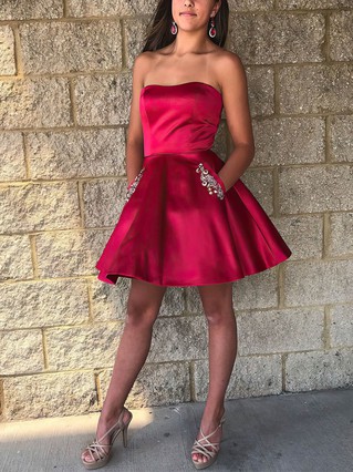A-line Strapless Satin Short/Mini Homecoming Dresses With Beading Pockets #Favs020109183 A-line Strapless Satin Short/Mini Homecoming Dresses With Beading Pockets #Favs020109183