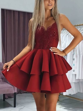 A-line V-neck Stretch Crepe Short/Mini Homecoming Dresses With Appliques Lace Tiered #Favs020108989 A-line V-neck Stretch Crepe Short/Mini Homecoming Dresses With Appliques Lace Tiered #Favs020108989