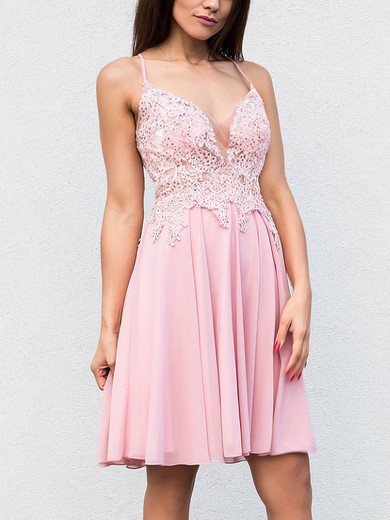 A-line V-neck Chiffon Short/Mini Homecoming Dresses With Appliques Lace Sequins #Favs020109445