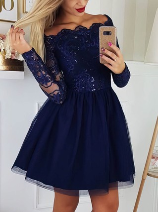 A-line Off-the-shoulder Tulle Short/Mini Homecoming Dresses With Appliques Lace #Favs020108991 A-line Off-the-shoulder Tulle Short/Mini Homecoming Dresses With Appliques Lace #Favs020108991