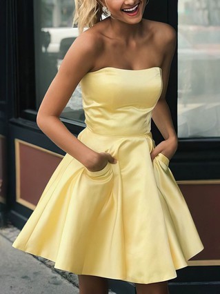 A-line Strapless Satin Short/Mini Homecoming Dresses With Pockets #Favs020109186 A-line Strapless Satin Short/Mini Homecoming Dresses With Pockets #Favs020109186