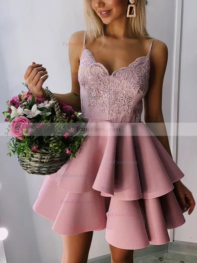 A-line V-neck Satin Short/Mini Homecoming Dresses With Appliques Lace Sequins #Favs020109446