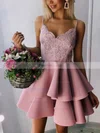 A-line V-neck Satin Short/Mini Homecoming Dresses With Appliques Lace Sequins #Favs020109446