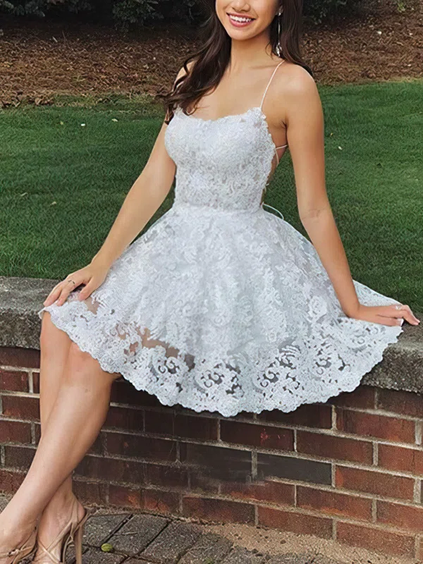 A-line Scoop Neck Lace Short/Mini Homecoming Dresses With Appliques Lace #Favs020108992
