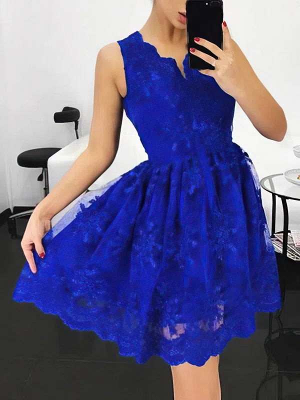 A-line V-neck Lace Short/Mini Homecoming Dresses With Appliques Lace #Favs020109448
