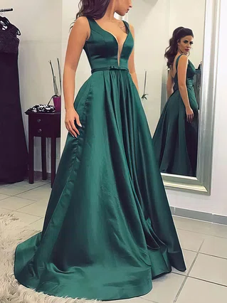 Princess V-neck Satin Sweep Train Sashes / Ribbons Prom Dresses #Favs020104908 Princess V-neck Satin Sweep Train Sashes / Ribbons Prom Dresses #Favs020104908