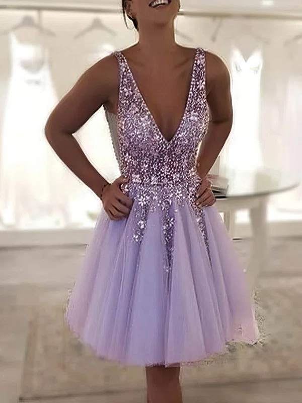 A-line V-neck Tulle Short/Mini Homecoming Dresses With Lace Appliques Lace #Favs020109190