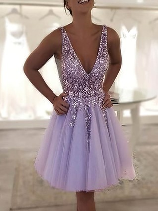 A-line V-neck Tulle Short/Mini Homecoming Dresses With Lace Appliques Lace #Favs020109190 A-line V-neck Tulle Short/Mini Homecoming Dresses With Lace Appliques Lace #Favs020109190