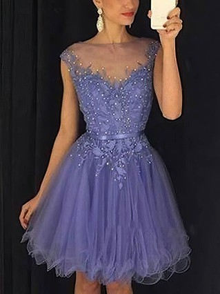 A-line Scoop Neck Tulle Short/Mini Homecoming Dresses With Beading Appliques Lace #Favs020109451 A-line Scoop Neck Tulle Short/Mini Homecoming Dresses With Beading Appliques Lace #Favs020109451