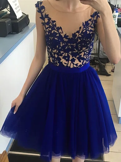 A-line Scoop Neck Tulle Short/Mini Homecoming Dresses With Beading Appliques Lace #Favs020109453
