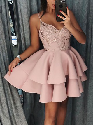 A-line V-neck Stretch Crepe Short/Mini Homecoming Dresses With Tiered #Favs020108999