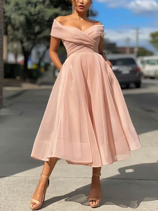 A-line Off-the-shoulder Organza Tea-length Homecoming Dresses With Pleats #Favs020109195 A-line Off-the-shoulder Organza Tea-length Homecoming Dresses With Pleats #Favs020109195