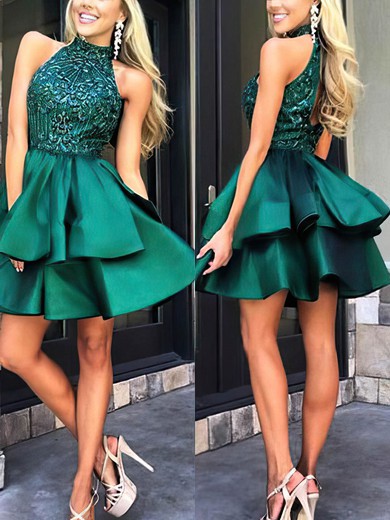 A-line High Neck Satin Short/Mini Homecoming Dresses With Beading Tiered #Favs020109001