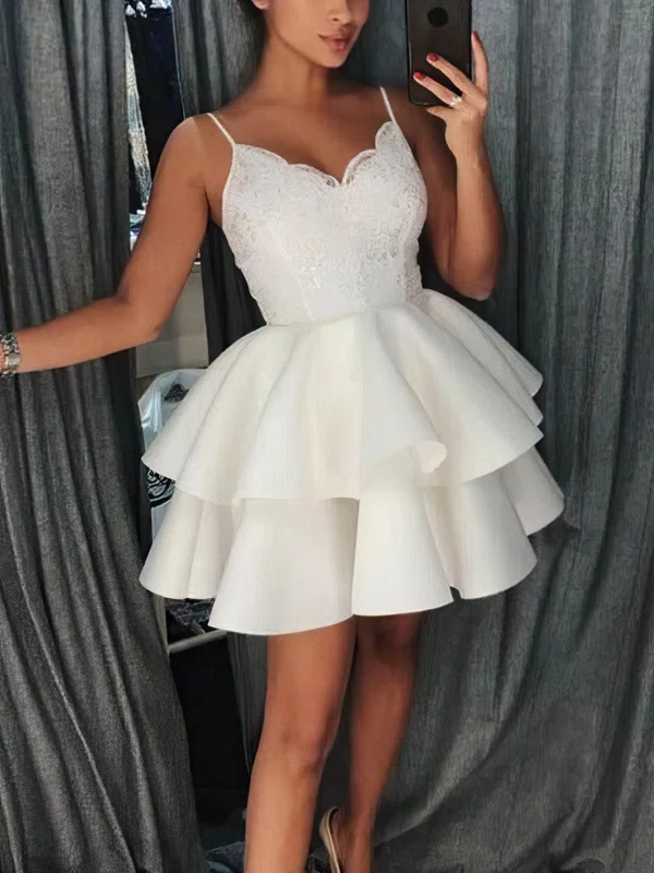 A-line V-neck Stretch Crepe Short/Mini Homecoming Dresses With Lace Appliques Lace #Favs020109198