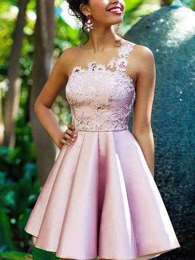 A-line Scoop Neck Satin Short/Mini Homecoming Dresses With Appliques Lace #Favs020109005