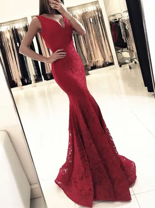 Trumpet/Mermaid V-neck Lace Floor-length Prom Dresses #Favs020104918 Trumpet/Mermaid V-neck Lace Floor-length Prom Dresses #Favs020104918